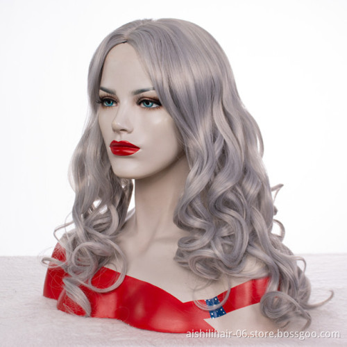 Wholesale heat resistant long  silvery with gray color  water wave wig  synthetic hair wig for women